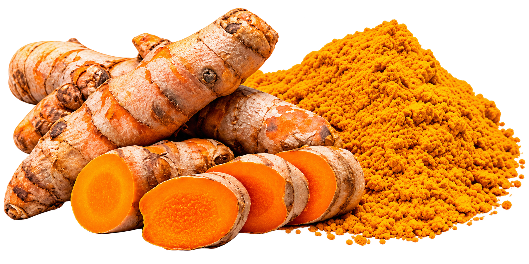 Turmeric roots and curcumin powder