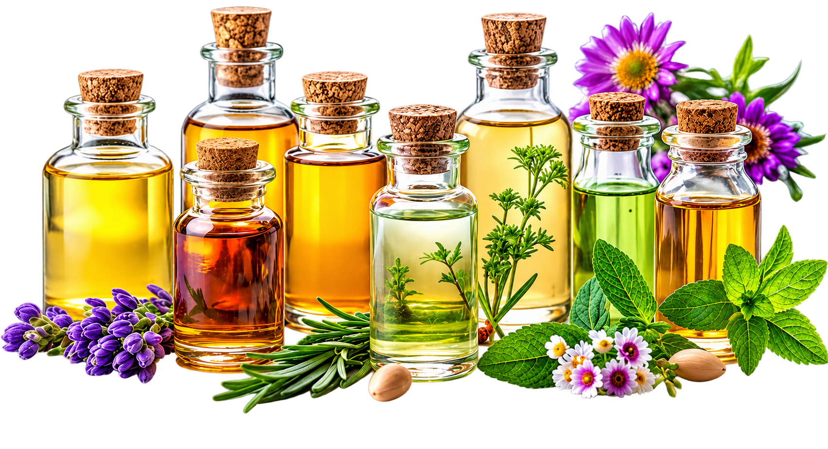 Essential oil bottles with herbs and flowers